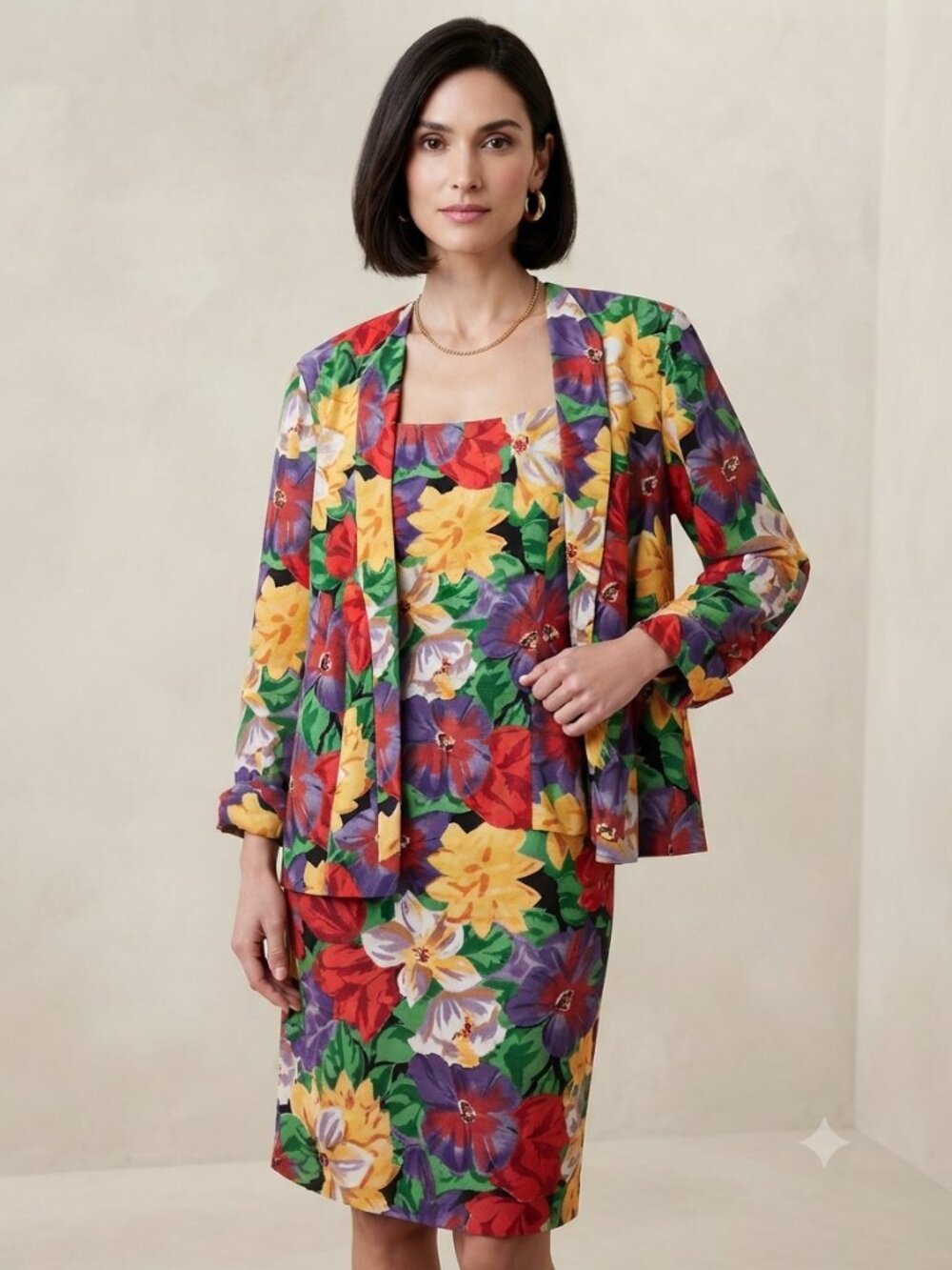 Pauline Trigere Multi-Color Haute Couture Floral Dress with Jacket- Size 16
